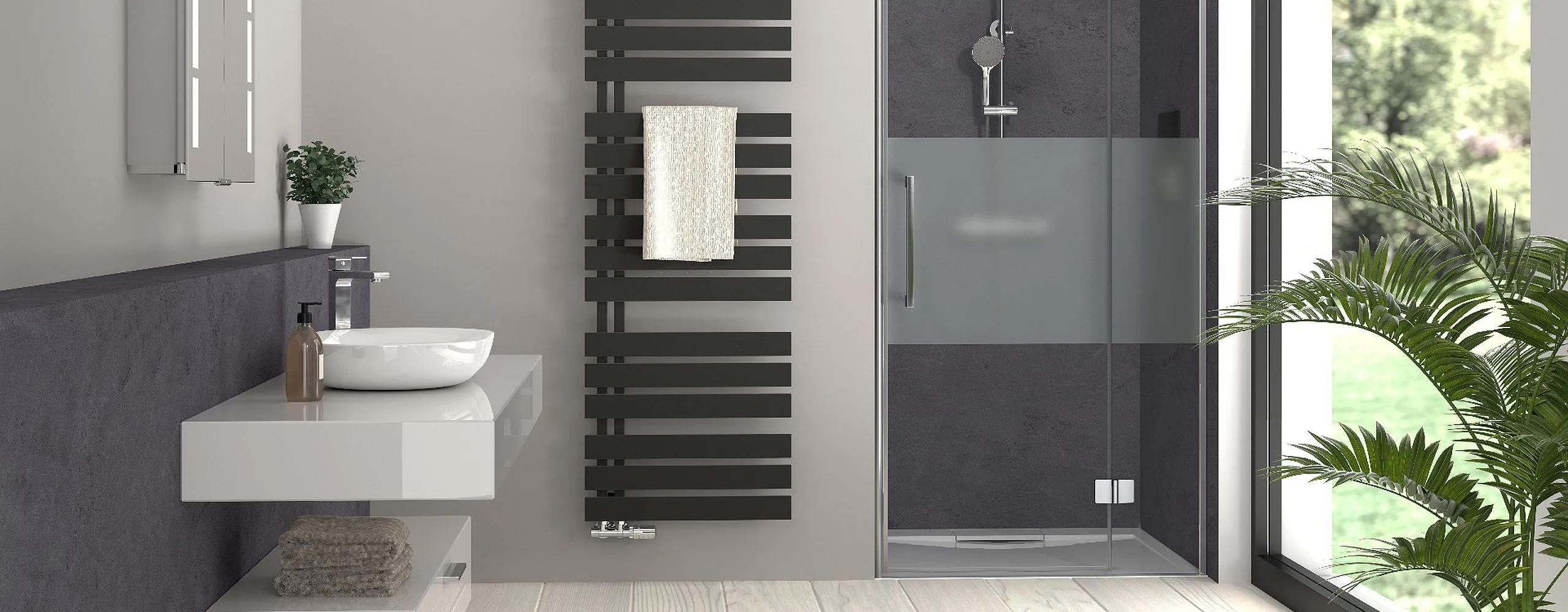 Kleines Badezimmer mit Waschtisch, Heizkörper und Nischendusche von HSK.