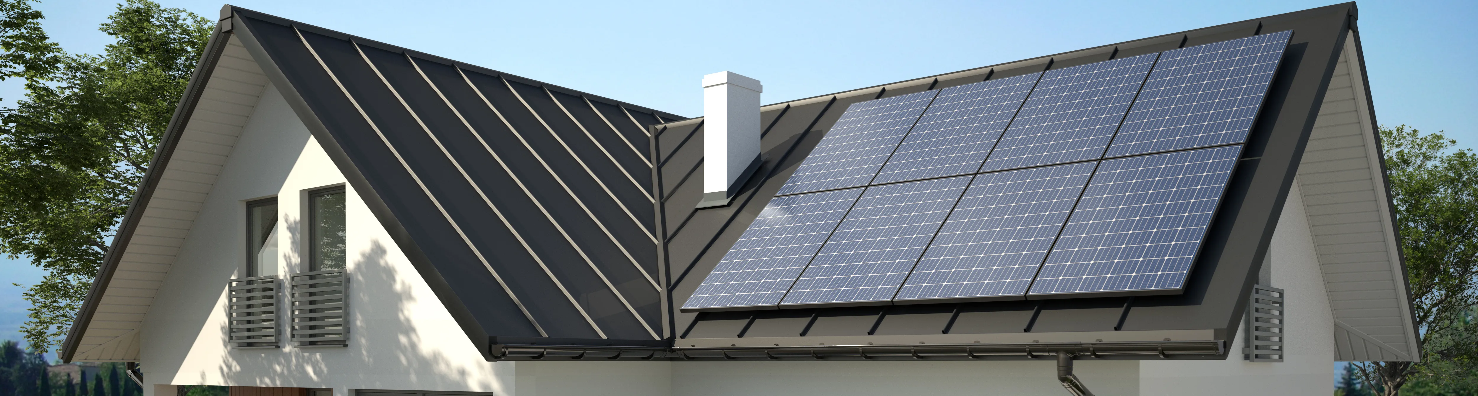 Moderner Einfamilienhausentwurf mit heller Fassade und dunklem Stehfalzmetalldach.