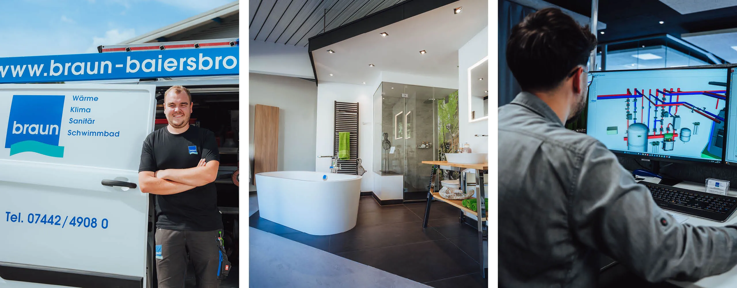 Ein Monteur vor einem Firmenfahrzeug, ein modernes Badezimmer und eine Person, die am Computer eine technische 3D-Planung betrachtet.