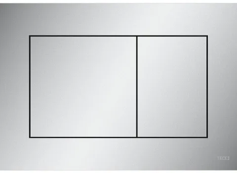 Eine silberne TECEnow WC-Betätigungsplatte mit zwei rechteckigen Druckflächen ist in einem minimalistischen, flachen Design dargestellt.