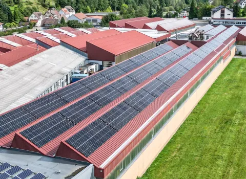 Großflächige Photovoltaikanlage auf den roten Satteldächern eines Industriegebäudes, umgeben von Grünflächen und einer angrenzenden Ortschaft.