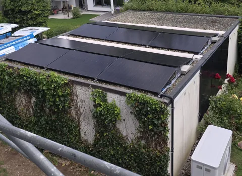 Photovoltaikmodule auf einem Garagendach, dessen Wände teilweise von Efeu bewachsen sind, inmitten eines Wohngebiets.