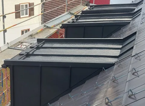 Mehrere dunkel verkleidete Dachgauben entlang eines geneigten Ziegeldachs mit Schneefanghaltern, eingerüstete Fassade im Vordergrund und umliegende Wohnhäuser im Hintergrund.