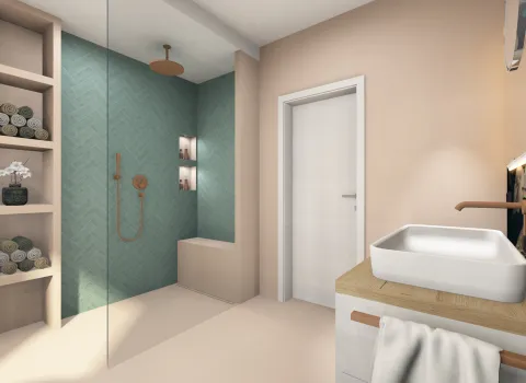 Modernes Badezimmer mit Walk-In-Dusche, grünen Fischgrätfliesen, Holzwaschtisch und Aufsatzwaschbecken.