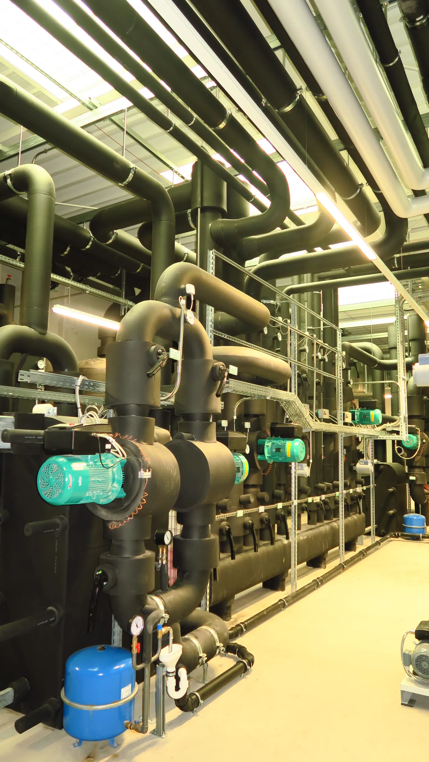 Das Bild zeigt einen voll ausgestatteten Technikraum mit umfangreicher Rohrleitungsinstallation, vollständig isolierten Leitungen und mehreren grünen Hocheffizienzpumpen.
