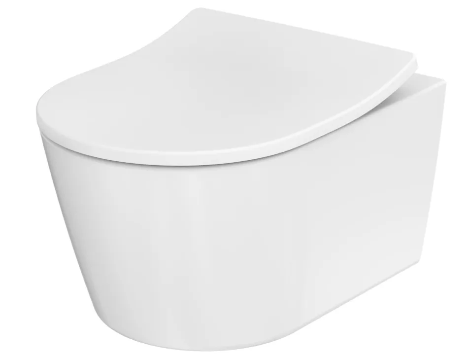 Das Bild zeigt eine moderne, weiße Wandtoilette mit abgerundetem Design und geschlossenem Deckel.